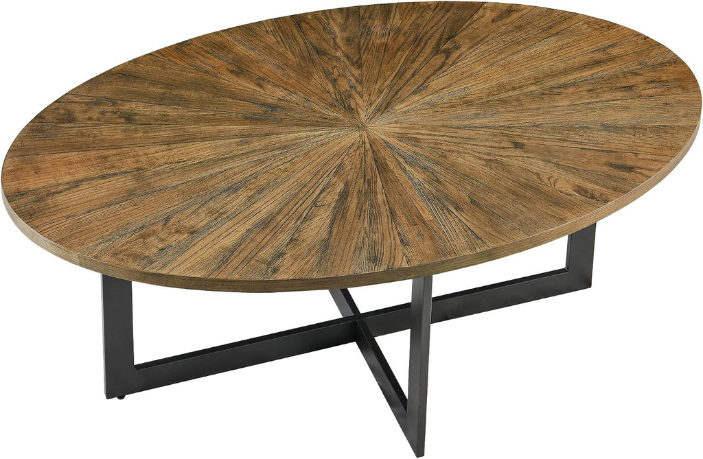 Solid Wood Oval Coffee Table with Cross Metal Legs, 47.9' Industrail Bar Cocktail Table for Living Room Kitchen Office Sofa Table Bristro Table for Cafe/Bar Rustic Brown 1831