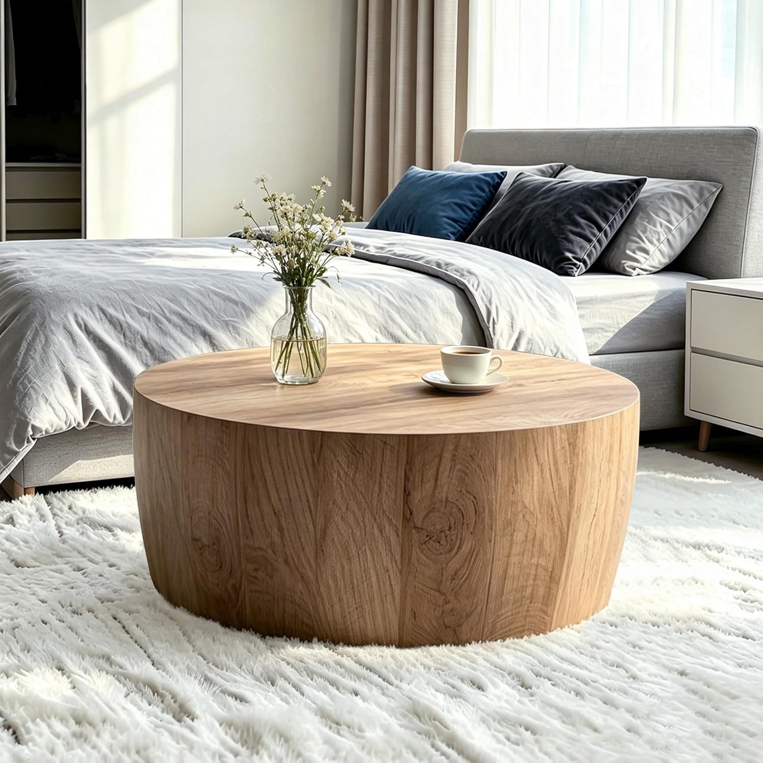 Round Coffee Tables for Living Room Small Modern Drum Coffee Table Rustic Farmhouse Wood Circle Center Table - Fully Assembled 29.5'