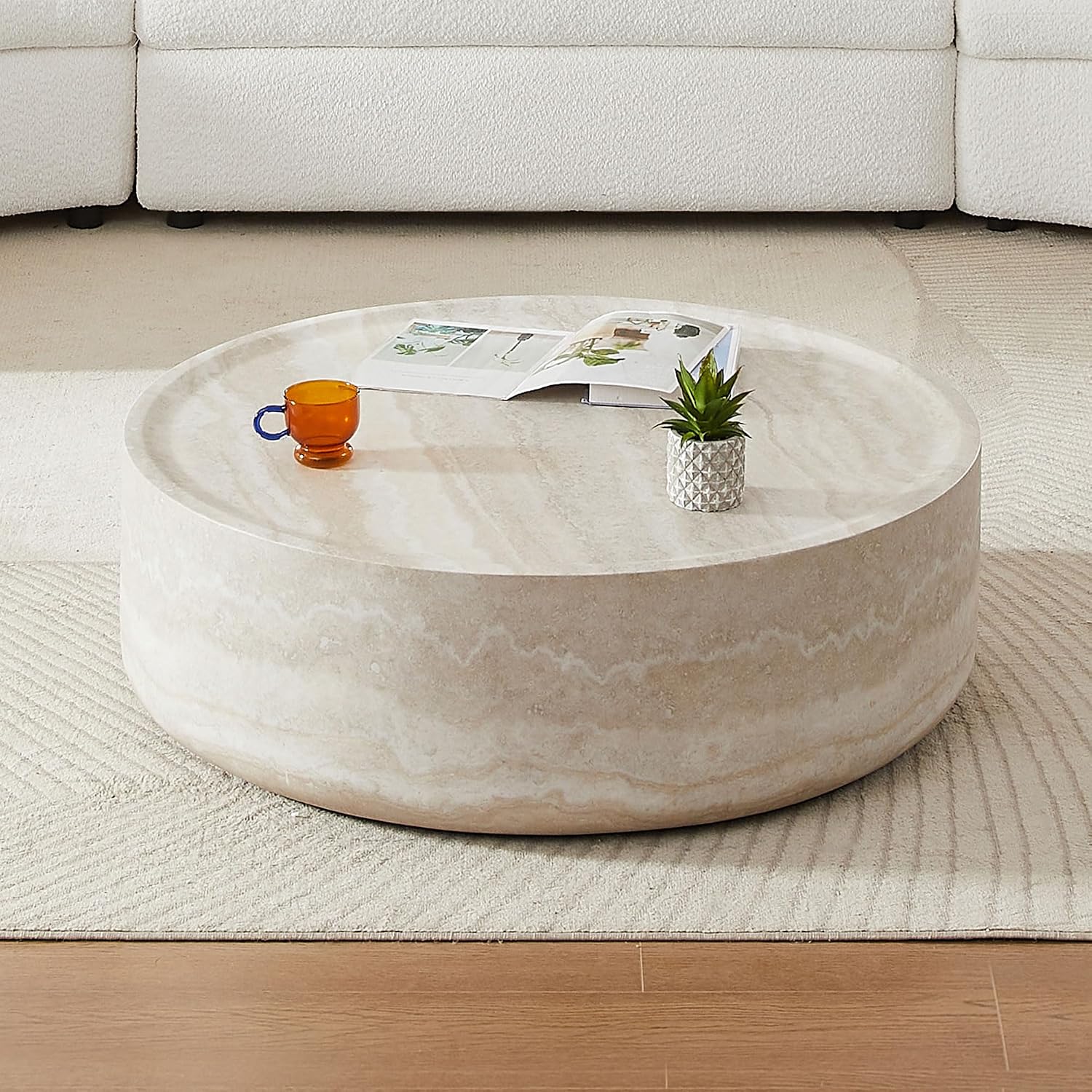 Faux Rock Coffee Table with Round Design,Faux Marble Drum Coffee Table Fiberglass Circle Table Tea Table for Living Room Accent Central Table No Need Assembly