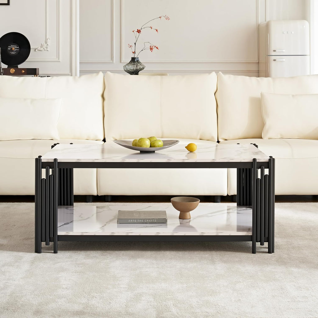48' Rectangle White Marble Coffee Table Luxury 2-Tier Center Coffee Table with Black Metal Frame Modern Living Room Table Elegant Accent Cocktail Tea Table with Storage Shelves