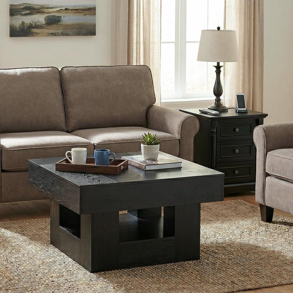 OKYCI Modern Coffee Table and End Table Set of 3 for Living Room, Includes 31.5' Coffee Table & 2 Side Table with 3 Drawers & Charging Station, Black