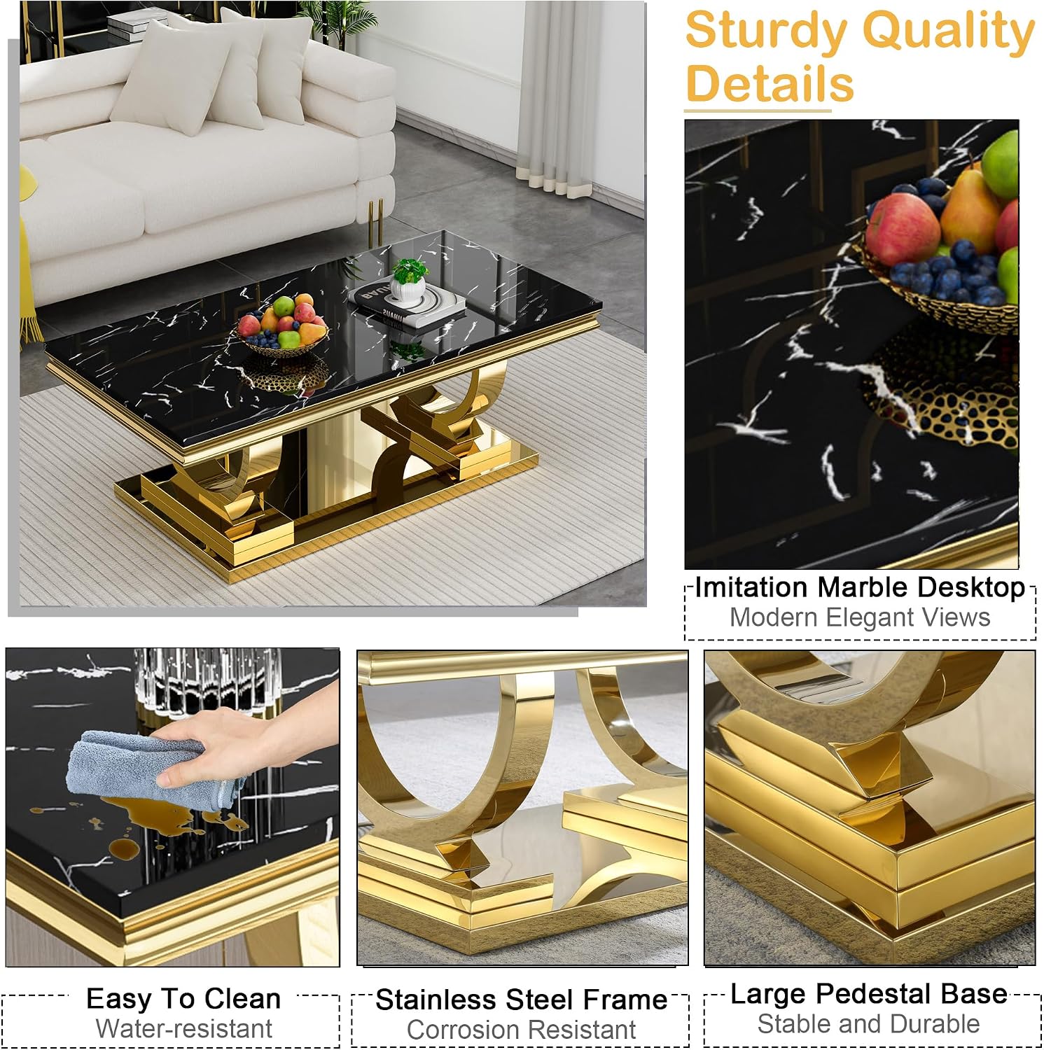 47'' Rectangular Marble Coffee Table Luxury Black Faux Marble Center Table with Gold Double-O Stainless Steel Pedestal Elegant Cocktail Table Sofa Table for Living Room Office
