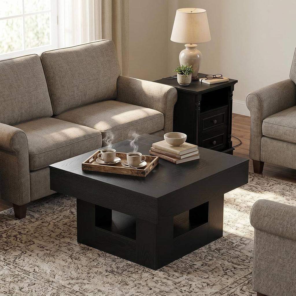 OKYCI Modern Coffee Table and End Table Set of 3 for Living Room, Includes 31.5' Coffee Table & 2 Side Table with 2 Drawers & Charging Station, Black