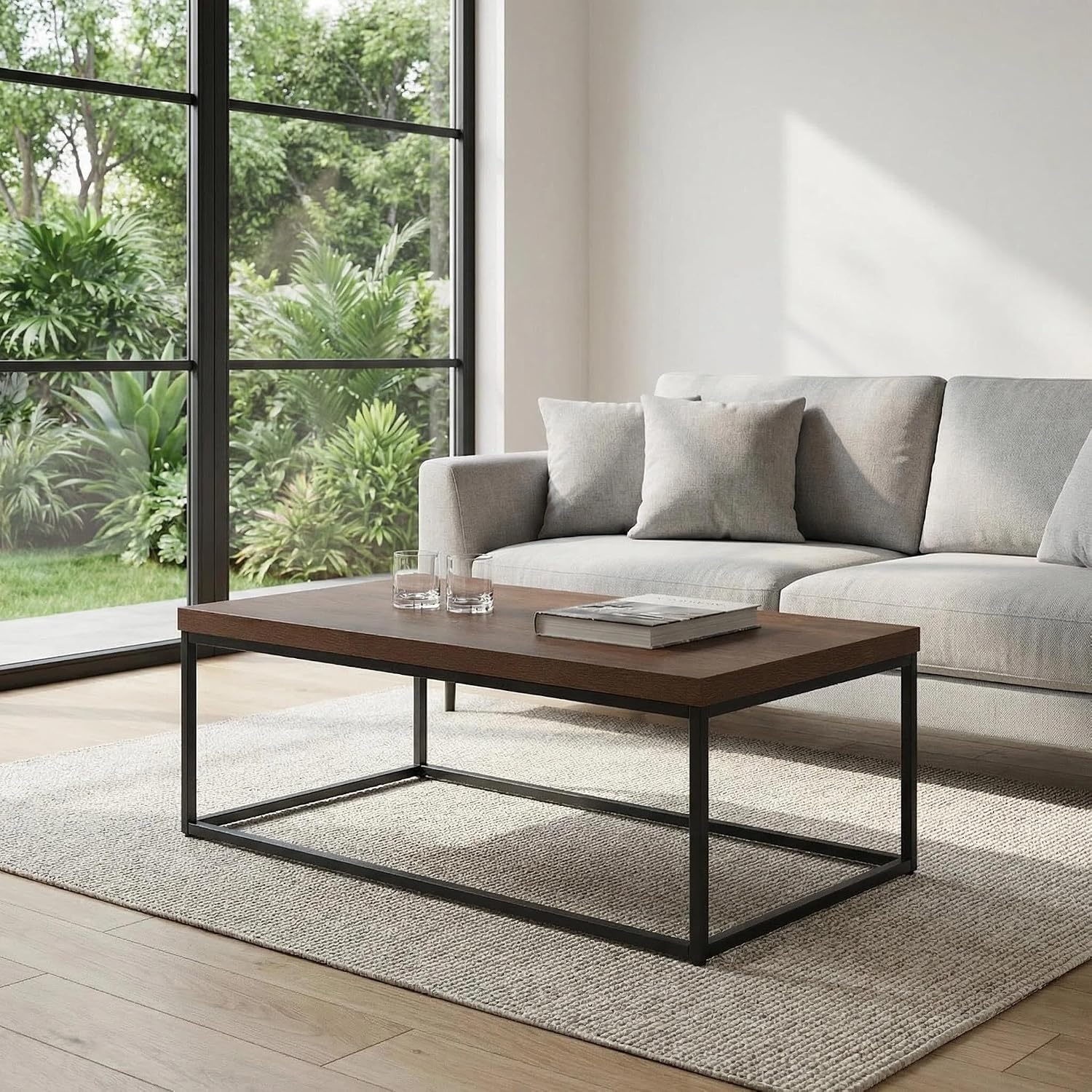 CENSI 47-Inch Dark Walnut Coffee Table for Living Room, Modern Industrial, Rectangular Wood and Metal Center Table with Extra Thick Tabletop (Dark Brown)
