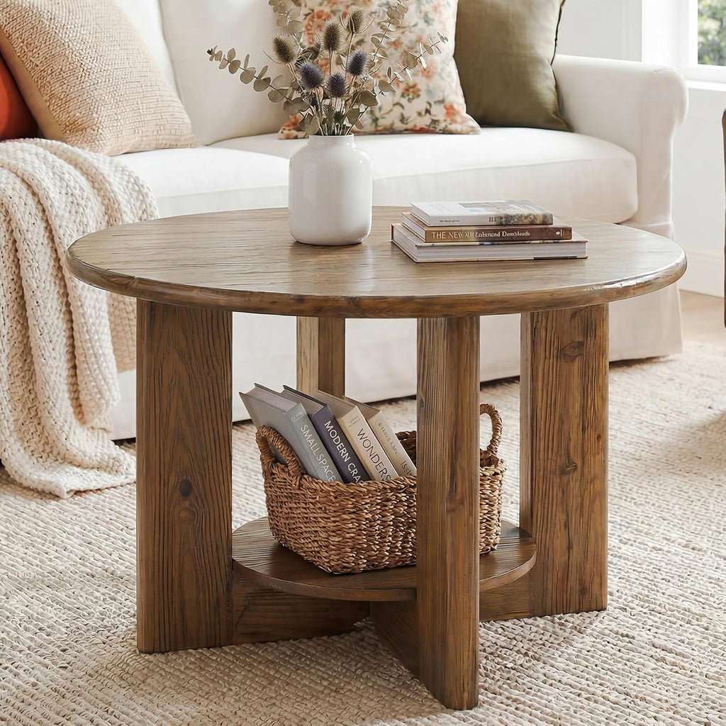 Tribesigns Round Solid Wood Coffee Table, Circle Coffee Table with 2-Tier Storage, Small Farmhouse Center Table for Living Room, Rustic Brown