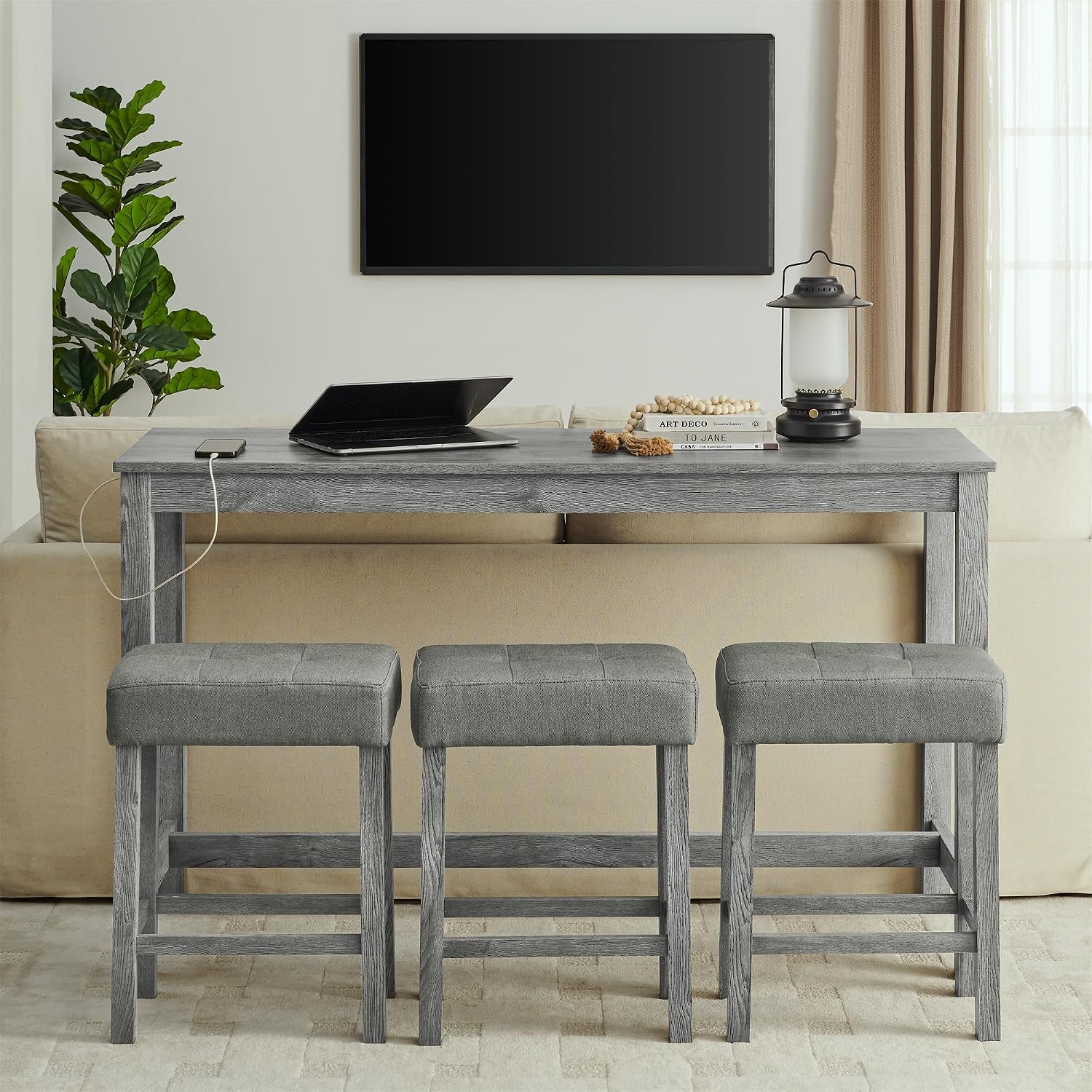 Merax 59' Bar Table Set with Power Outlet,Industrial Breakfast Table with 3 Upholstered Stools w/Footrest,4 Piece Counter Height Bar Table and Chair Set for Living Room,Dining Room,Kitchen,Grey