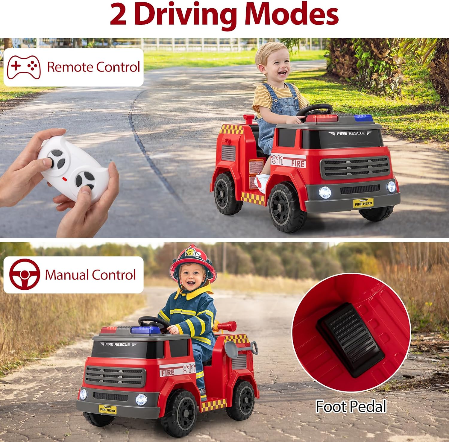 HONEY JOY Ride On Fire Truck, 12V Battery Powered Electric Car for Kids, Water Tank, Loudspeaker, Shovel, Music, Siren & Light, Firetruck Ride On Toy, Ride On Car w/Remote Control (Fire Truck)