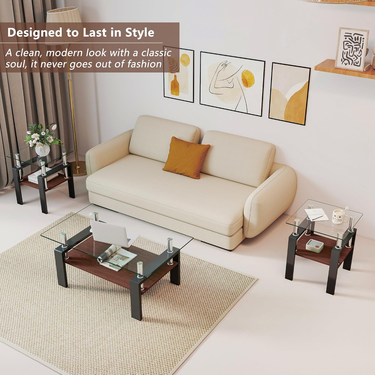 Glass Coffee Table Sets of 3 for Living Room, Mordern End Table Sofa Side Tables with Storage, Black Metal Leg, Transparent Glass Tabletop Rectangle Tempered Center Table Home Furniture Set
