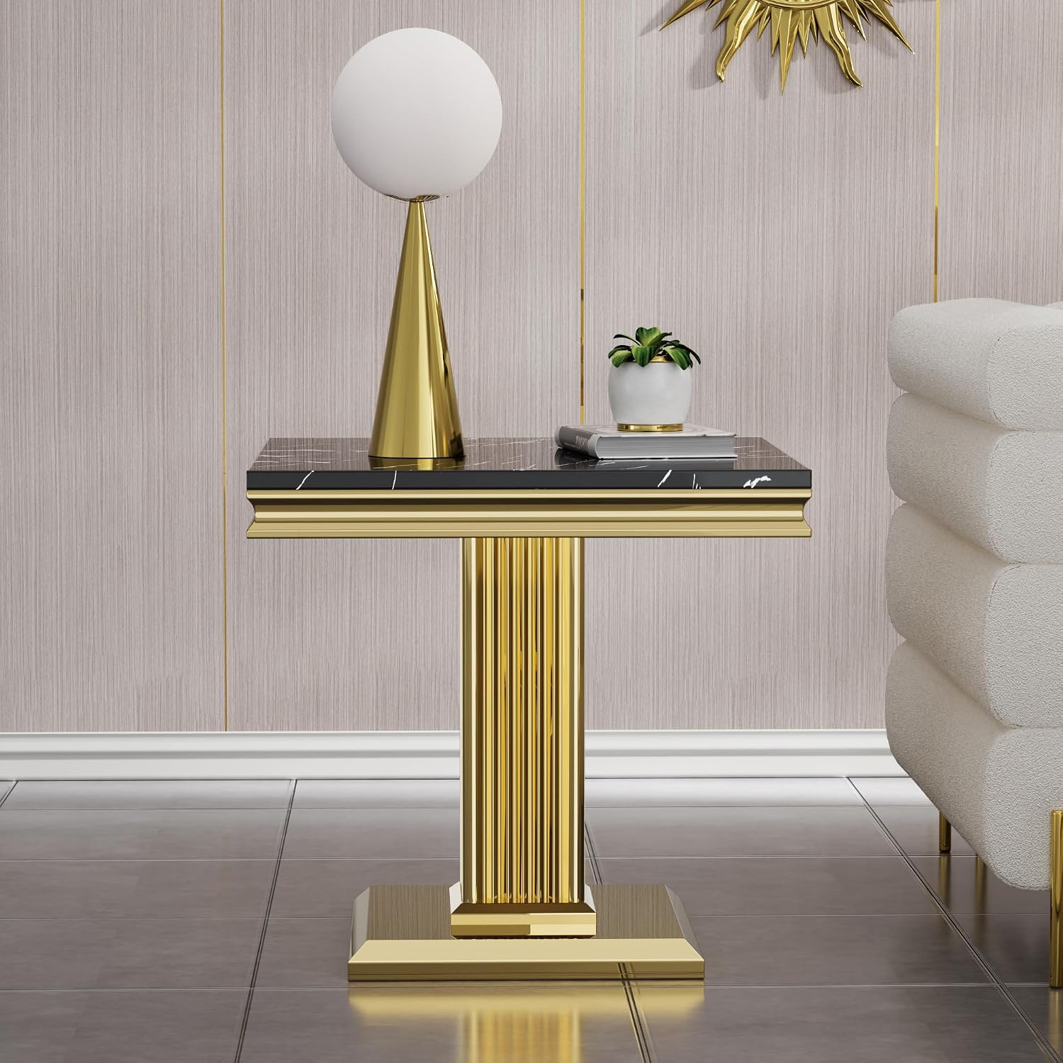 3 Pieces Living Room Table Set, Faux Marble Coffee Table Set of 3, Modern Coffee Table and 2 End Tables with Column-Shaped Stainless Steel Base for Living Room Office Black Gold