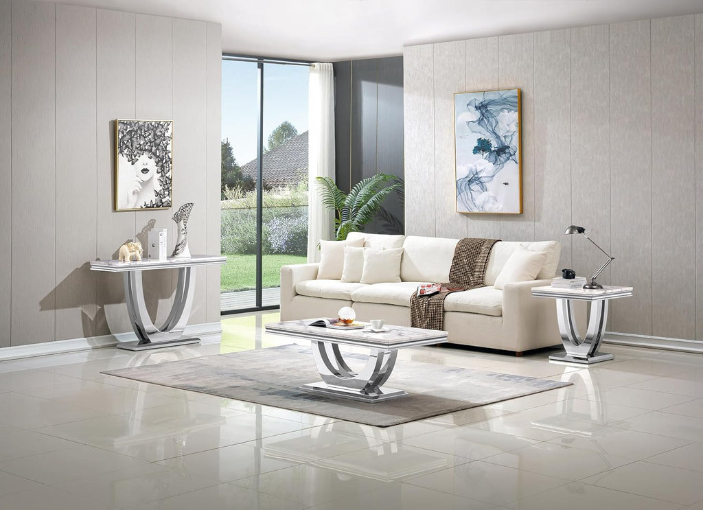Modern Marble End Table,22' Suqare Side Table with Silver U-Shape Stainless Steel Base,Luxury White Faux Marble End Table Nightstand Pedestal Stand Lamp Table for Hallway, Living Room, Bedroom