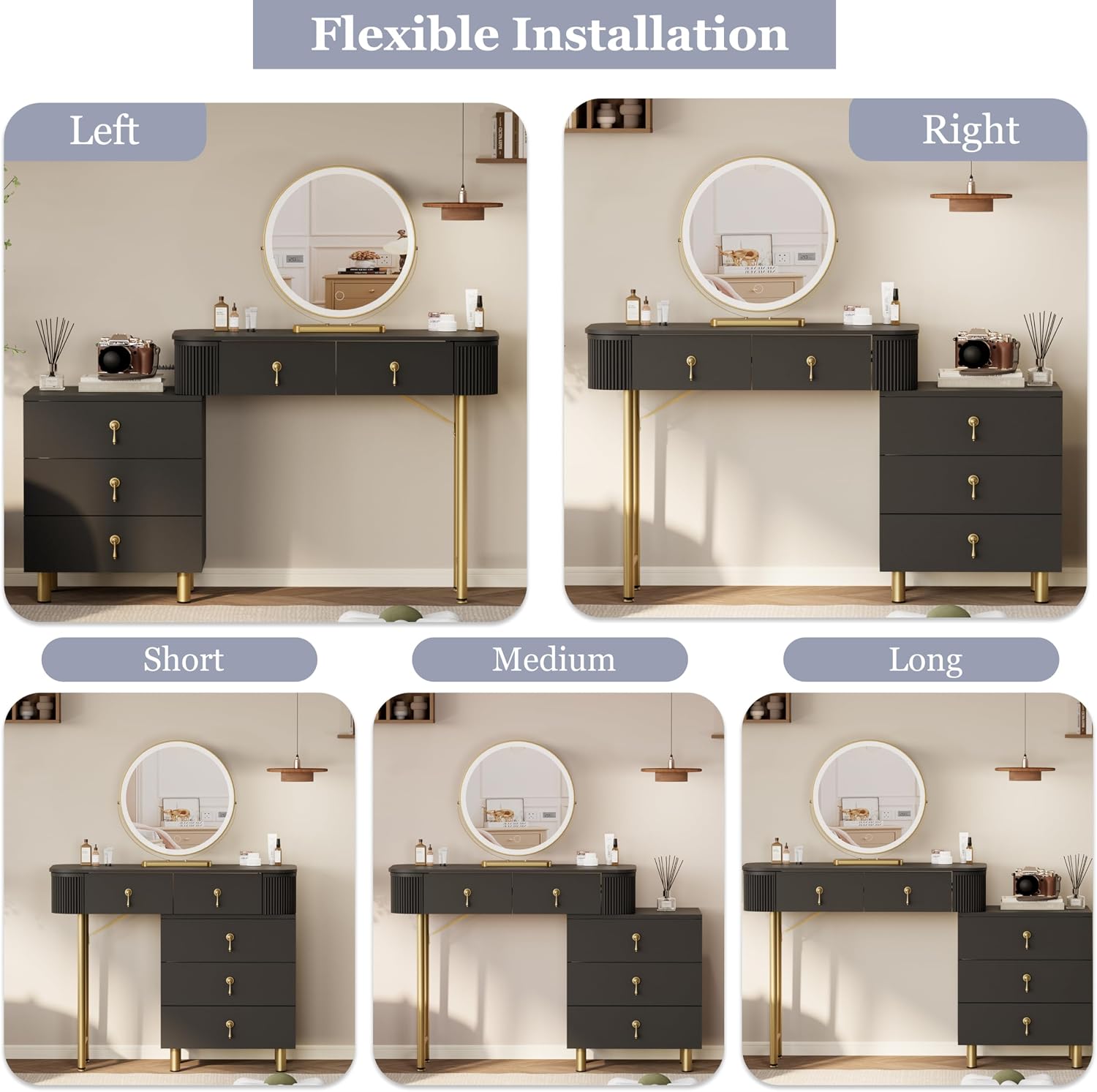 Royal Windsor Makeup Vanity Desk with Mirror and Lights, Black | The Side Cabinets can be Interchanged from Lleft to Right, 3 Color Touch Screen LED Mirror , 5 Drawers