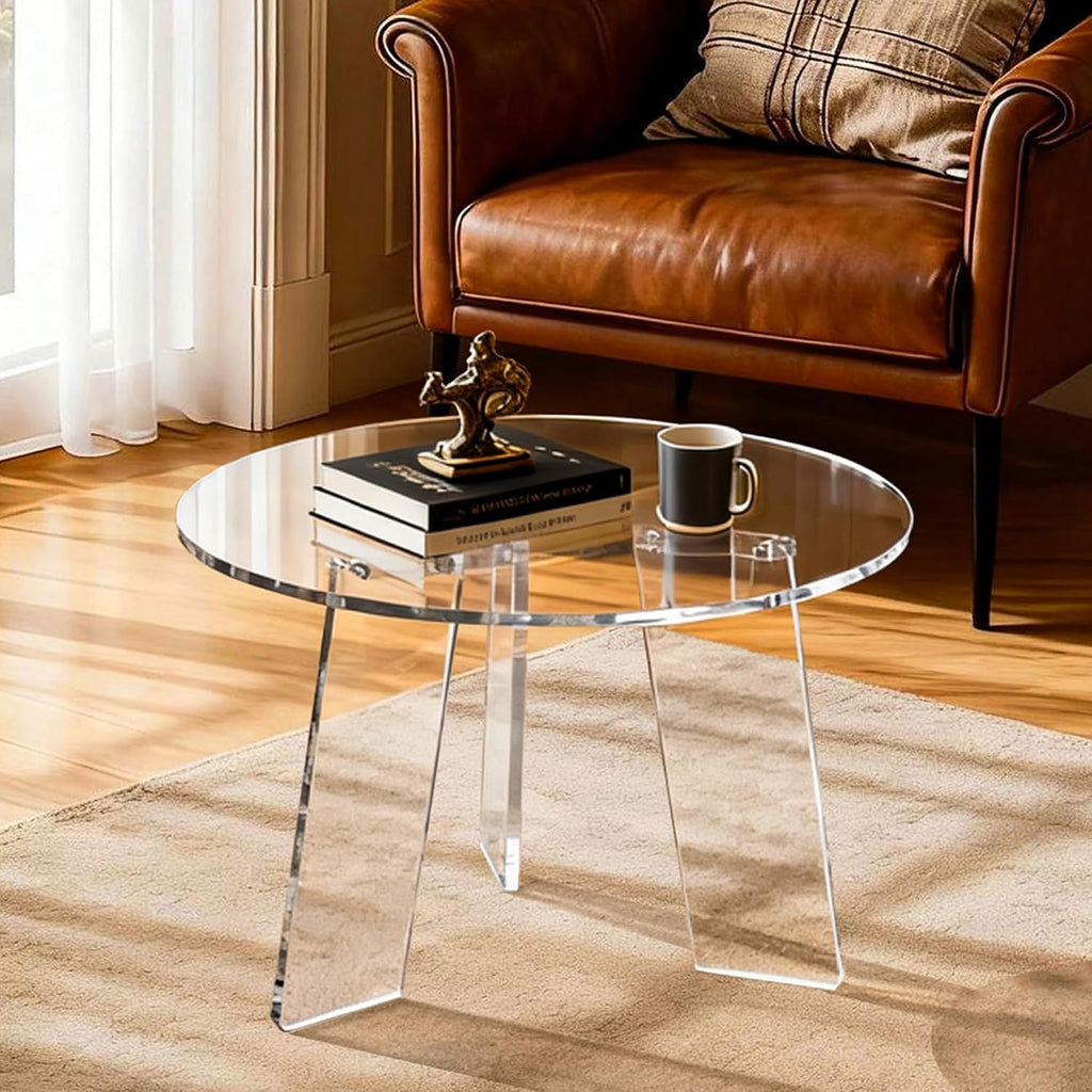 Acrylic Coffee Table Round, Clear Circle Modern Lucite Side Table Legs for Living Room, Bedroom, Office (Clear, 23.6' × 15.7')