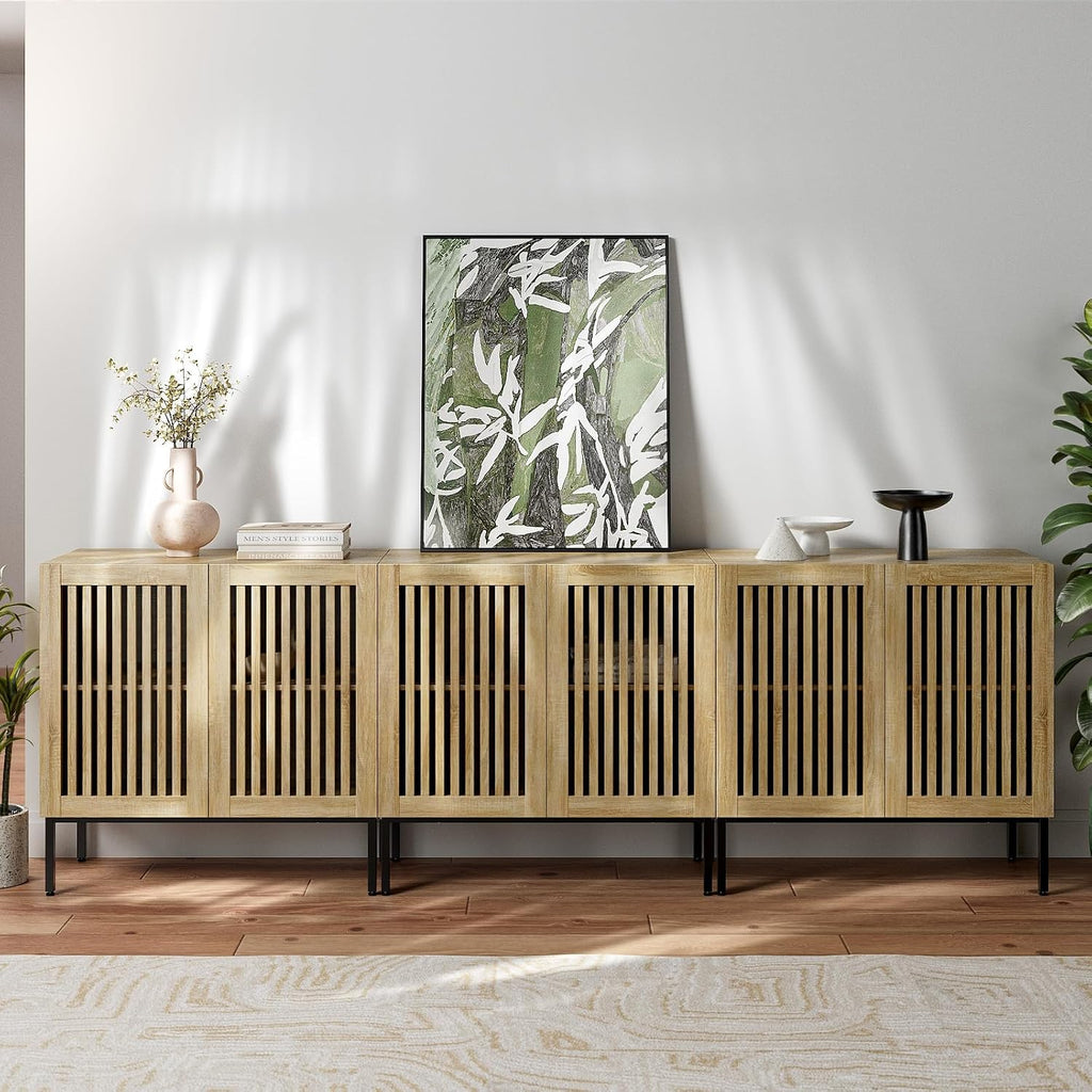 BVIUNTWO Buffet Cabinet with Storage,Set of 3 Farmhouse Console Table with Metal Base and Adjustable Shelves,Sideboard Coffee Bar Cabinet with 6 Doors for Dining Room,Living Room,Oak