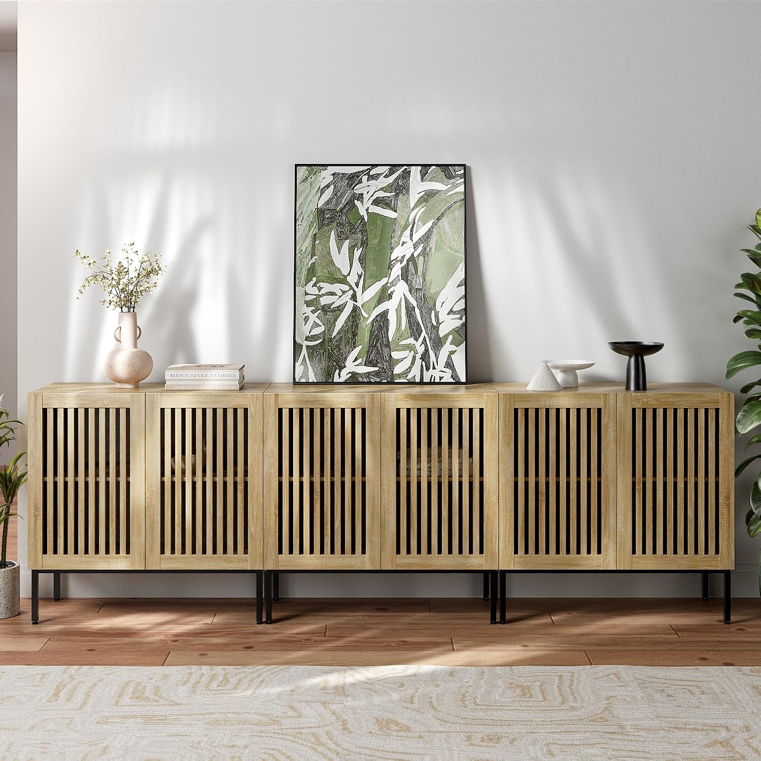 BVIUNTWO Buffet Cabinet with Storage,Set of 3 Farmhouse Console Table with Metal Base and Adjustable Shelves,Sideboard Coffee Bar Cabinet with 6 Doors for Dining Room,Living Room,Oak