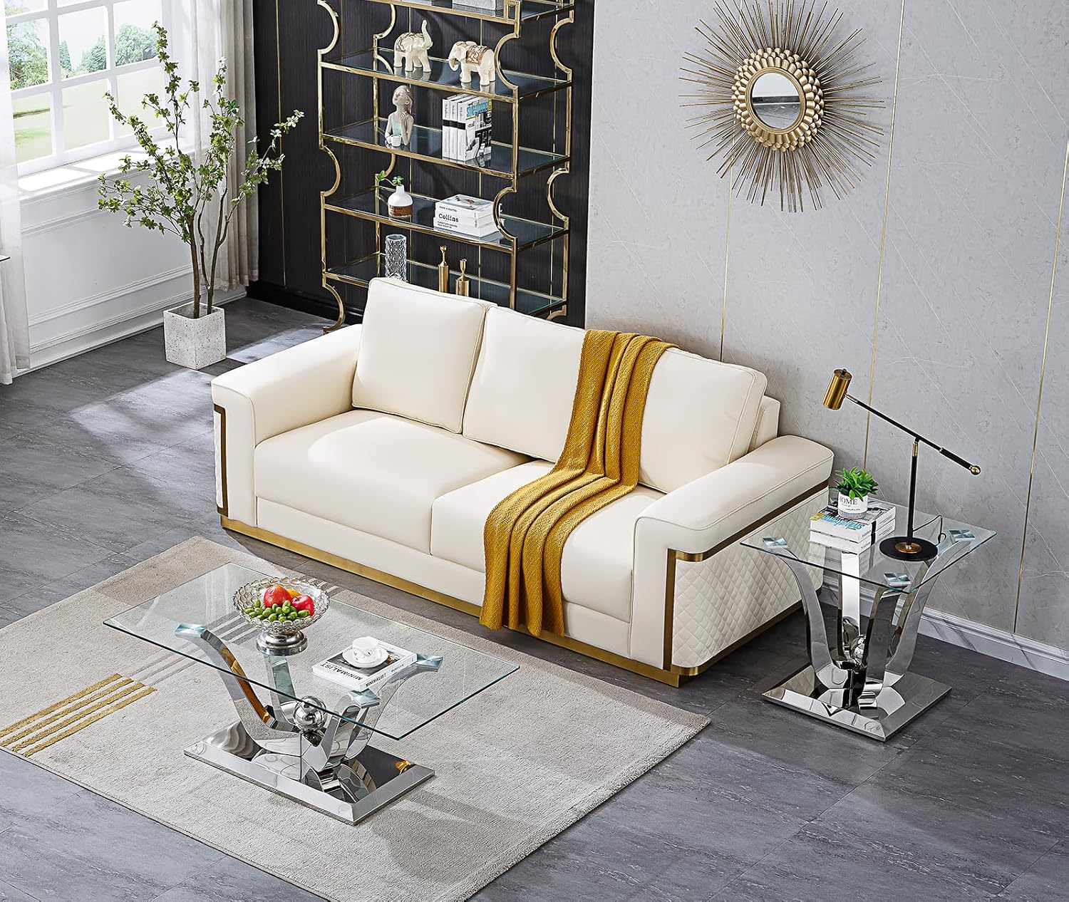 Modern Silver Glass Coffee Table Set of 2, Clear Glass Coffee Table and End Side Table Set with Stainless Steel Frame, Luxury Silver 2 Piece Living Room Table Set for Home Office Apartment