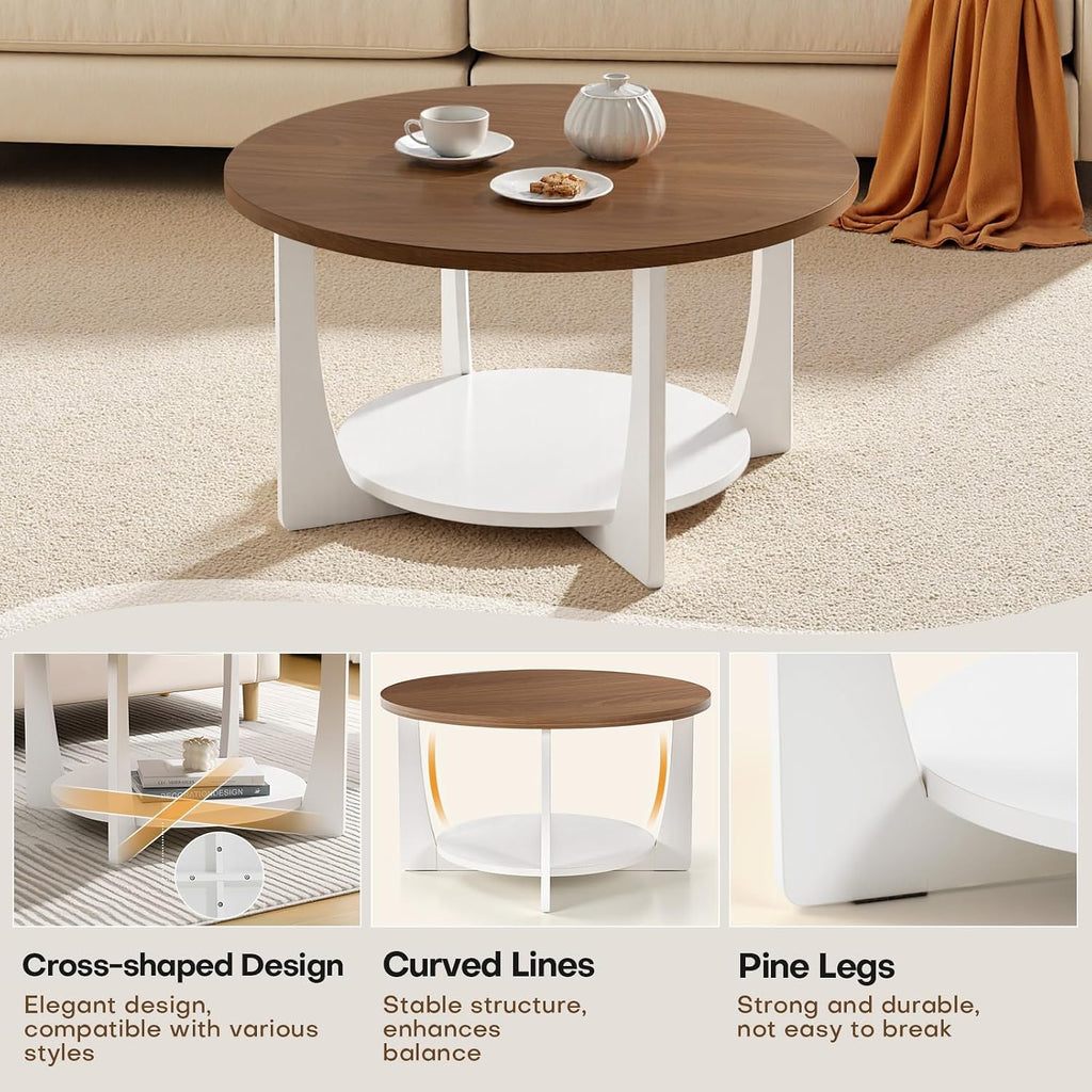 BECHAEO 31.5'' Round Coffee Table with Solid Wood Pine Legs, 2-Tier Rustic Coffee Table with Storage Shelf, Small Modern Wood Circle Center Table for Living Room
