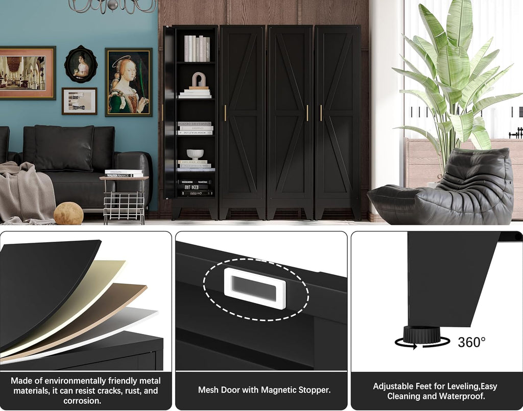 67'H Metal Narrow Kitchen Pantry Cabinet,Black Skinny Pantry Cabinet,Tall Narrow Bathroom Storage Cabinet with Adjustable Shelves,Slim and Thin Pantry Cabinets for Living Room Dining Room