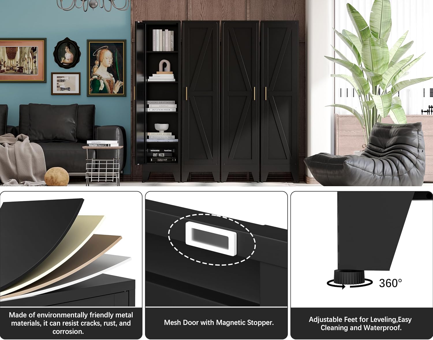 67'H Metal Narrow Kitchen Pantry Cabinet,Black Skinny Pantry Cabinet,Tall Narrow Bathroom Storage Cabinet with Adjustable Shelves,Slim and Thin Pantry Cabinets for Living Room Dining Room