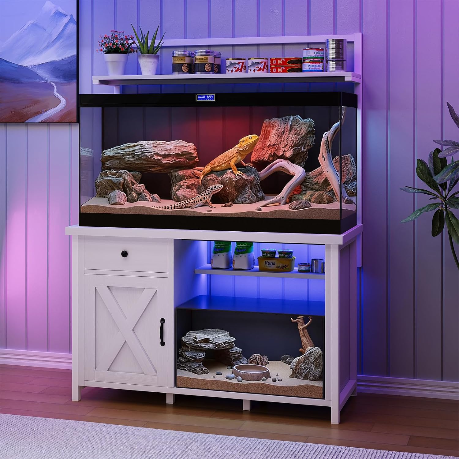 Reptile Tank Stand with Power Outlet, Terrarium Stand with Storage Cabinet, 49' X 20' Tabletop, Aquarium Stand with LED Lights, Reptile Terrarium,Turtle Tank, 1100LBS, White