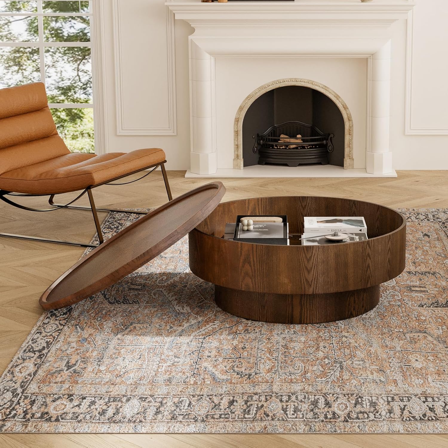 30.7'' Round Storage Coffee Table, Modern Drum Coffee Tables with Solid Wood Veneer, Wooden Circle Center Table for Living Room, Small Spaces, and Apartments, Easy Assembly
