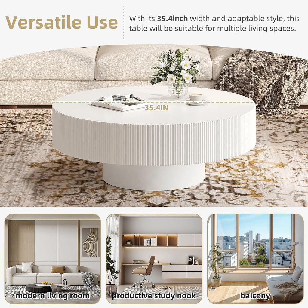 SOFTSEA Round Coffee Table for Living Room, Modern Drum Center Table, Fluted Side Table with Sturdy Base for Bedroom, Office, Apartment, 35.4'L x 35.4'W x 16.7'H, White