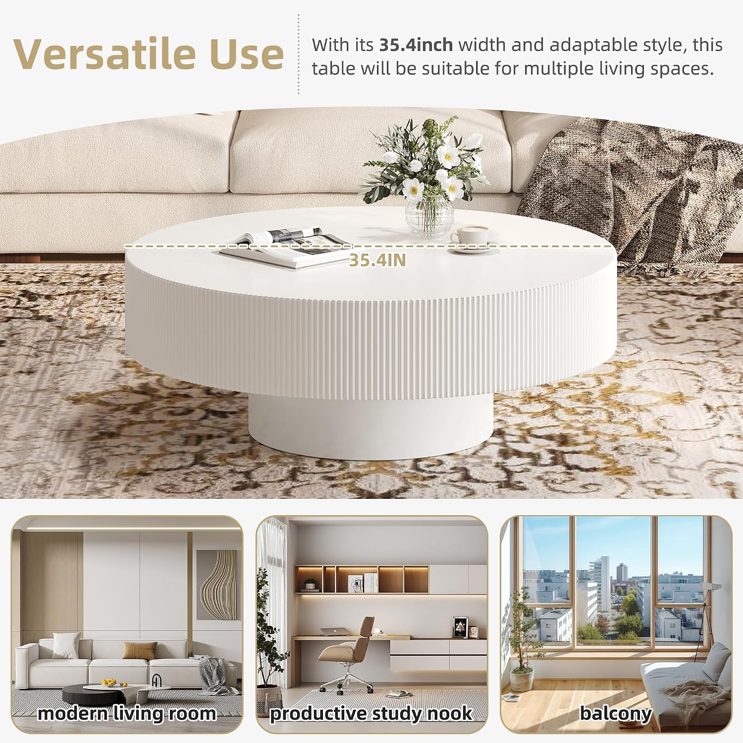 SOFTSEA Round Coffee Table for Living Room, Modern Drum Center Table, Fluted Side Table with Sturdy Base for Bedroom, Office, Apartment, 35.4'L x 35.4'W x 16.7'H, White
