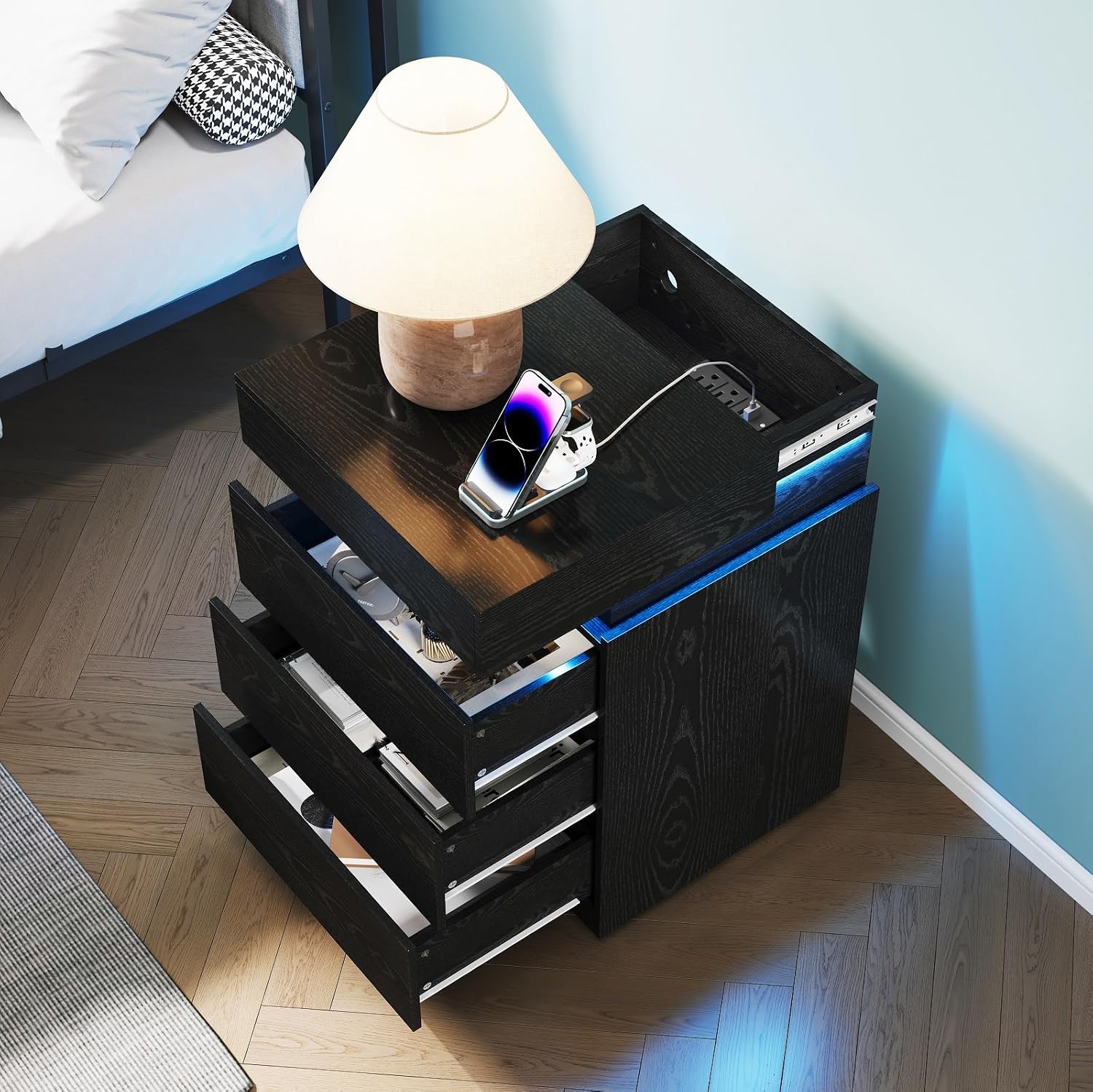 Black Nightstand with Charging Station and LED Light,27'' Tall Night Stand with Sliding Top for Bedroom, Bedside Table with 3 Drawers, Modern End Side Table for Living Room