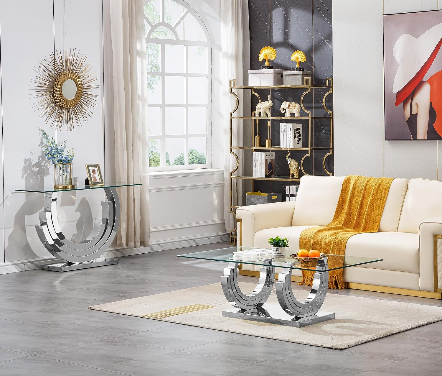 SSLine 1 Piece Living Room Console Table Luxury Glass Entryway Table,Modern Silver Console Table with Ring-Shape Stainless Steel Pedestal Base for Hallway Corridor(1 Console Table)