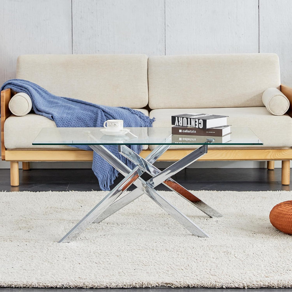 Glass Coffee Table Set of 3 Piece, Living Room Tables Set of 3 Pcs, Including 1 Coffee Table and 2 End Side Tables, Metal Frame, Tempered Glass, for Small Space, Apartment (Silver, W47.2' + W17.72')