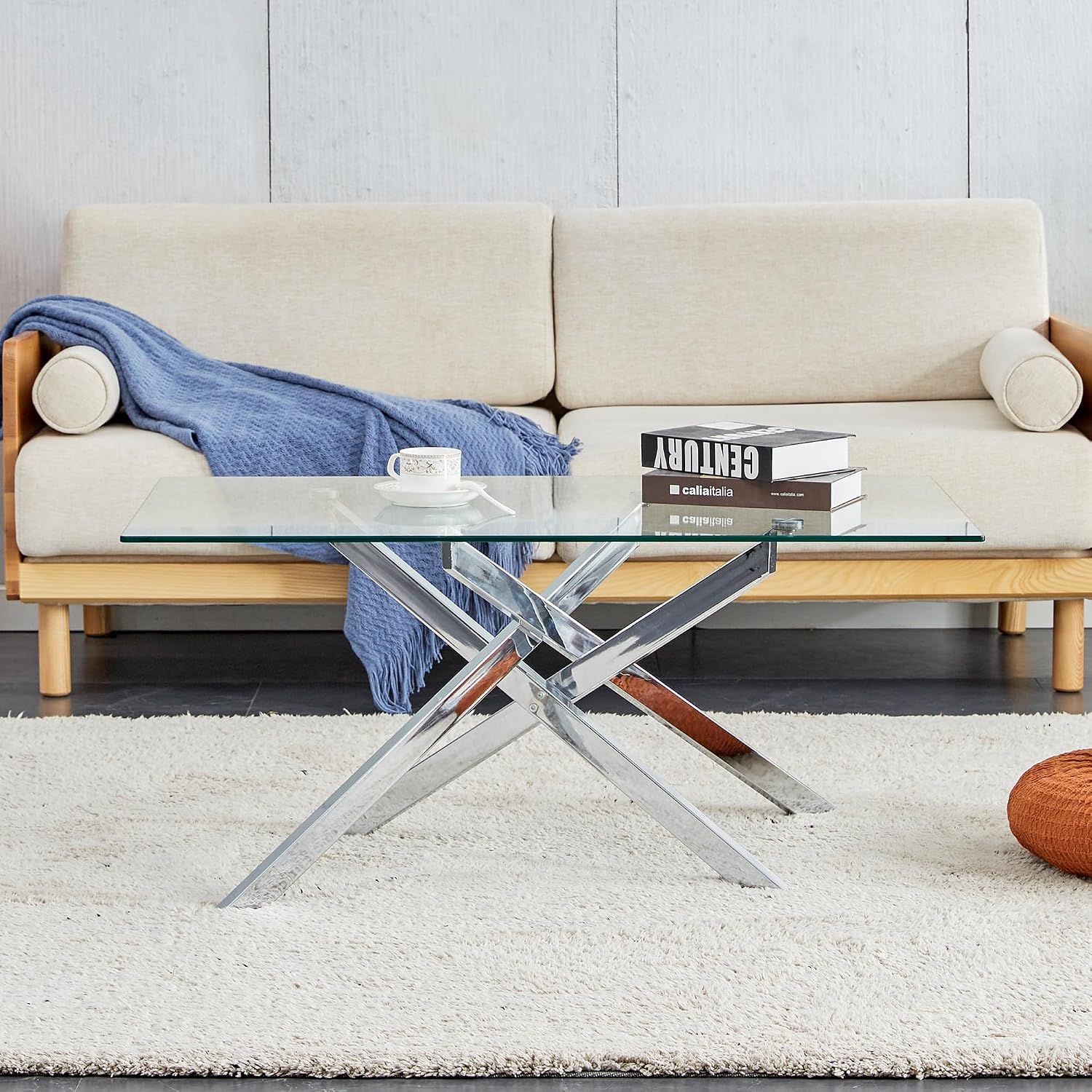 IANIYA Living Room Set - Glass Coffee Table and 2 End Tables with Modern Design Set of 3 (Large Coffee Table + End Table x2, Silver)