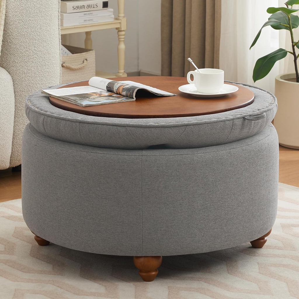 WUTUTUEE 30Inch Round Storage Ottoman with Tray, Modern Tufted Fabric Circle Coffee Table with Storage, Upholstered Ottoman with Removable Top for Living Room, Bedroom, Light Grey
