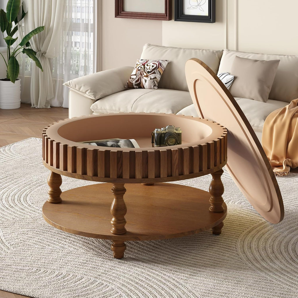 31.49'' Round Coffee Table with Storage Space, 2-Tier Modern Rustic Wood Circle Fluted Coffee Table for Living Room, Moveable Table Top & Easy Assembly, Walnut