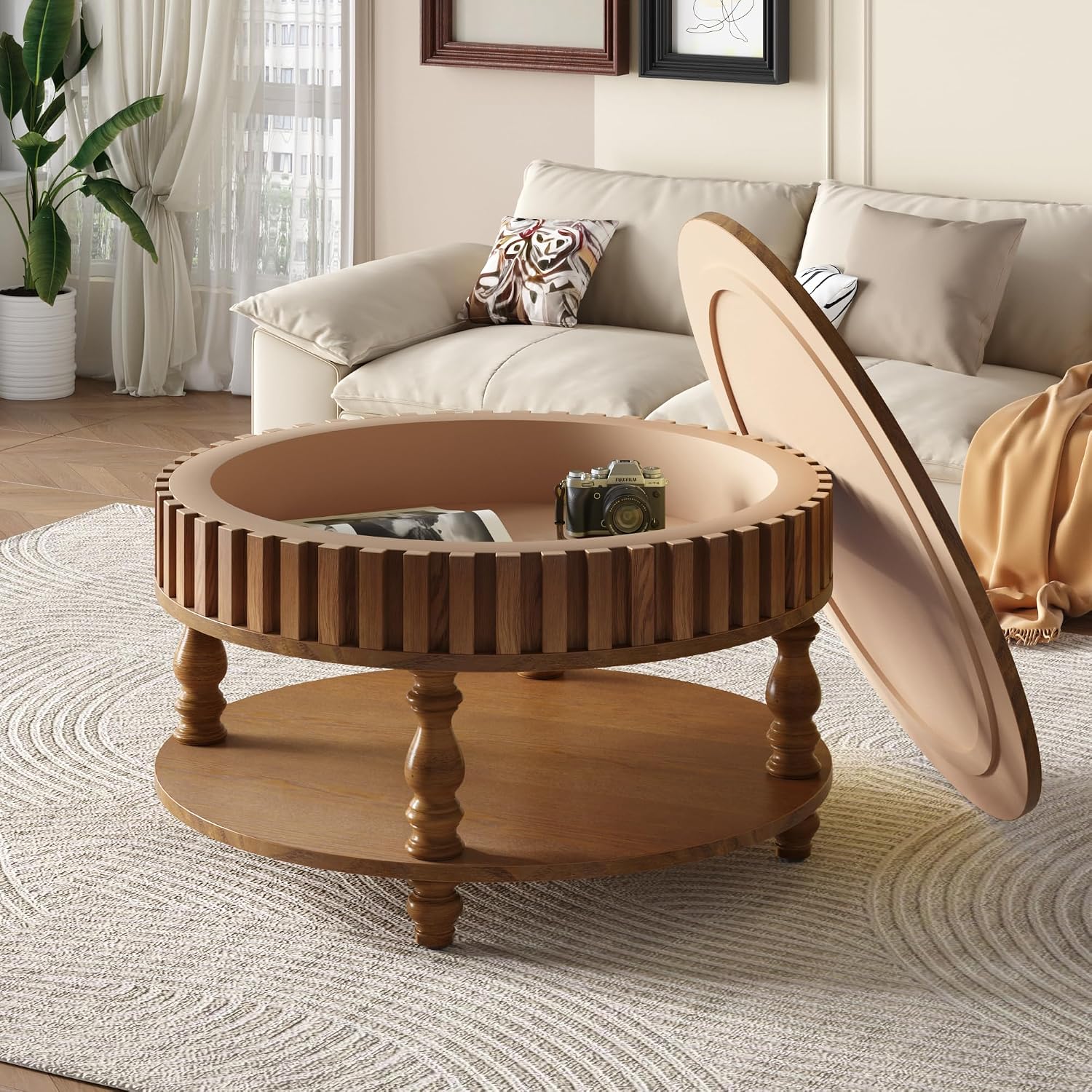 31.49'' Round Coffee Table with Storage Space, 2-Tier Modern Rustic Wood Circle Fluted Coffee Table for Living Room, Moveable Table Top & Easy Assembly, Walnut