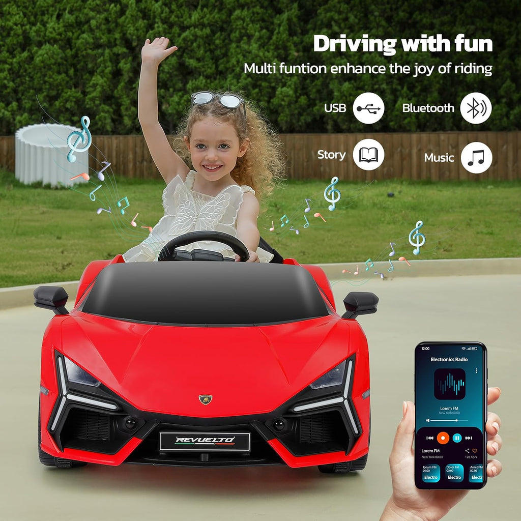 ELEMARA Kids Lamborghini Electric Cars with Scissor Doors, Remote Control Battery Kids Car, 12V Ride On Car for Toddlers with LED Light,Bluetooth,MP3 Player and Wide Seat, Deep Red
