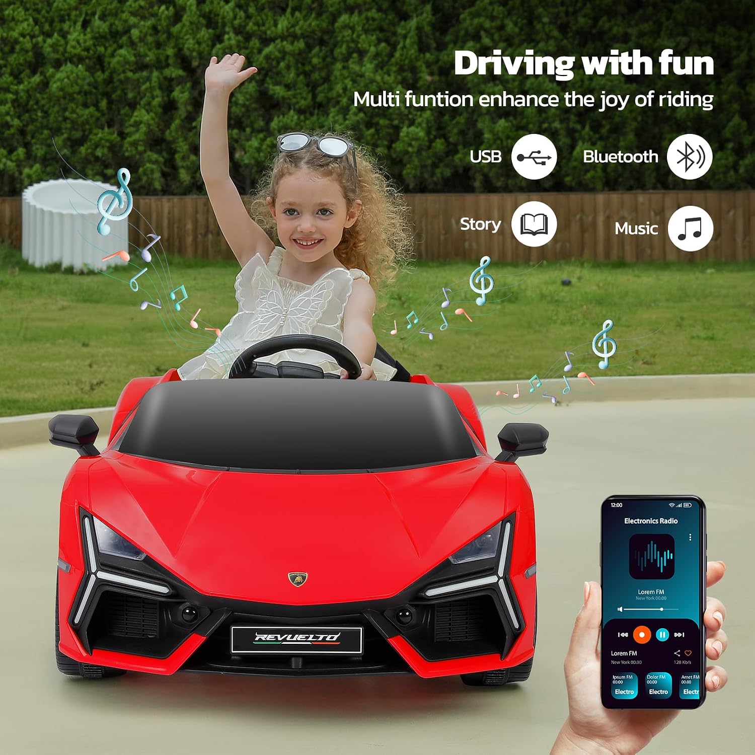 ELEMARA Kids Lamborghini Electric Cars with Scissor Doors, Remote Control Battery Kids Car, 12V Ride On Car for Toddlers with LED Light,Bluetooth,MP3 Player and Wide Seat, Deep Red