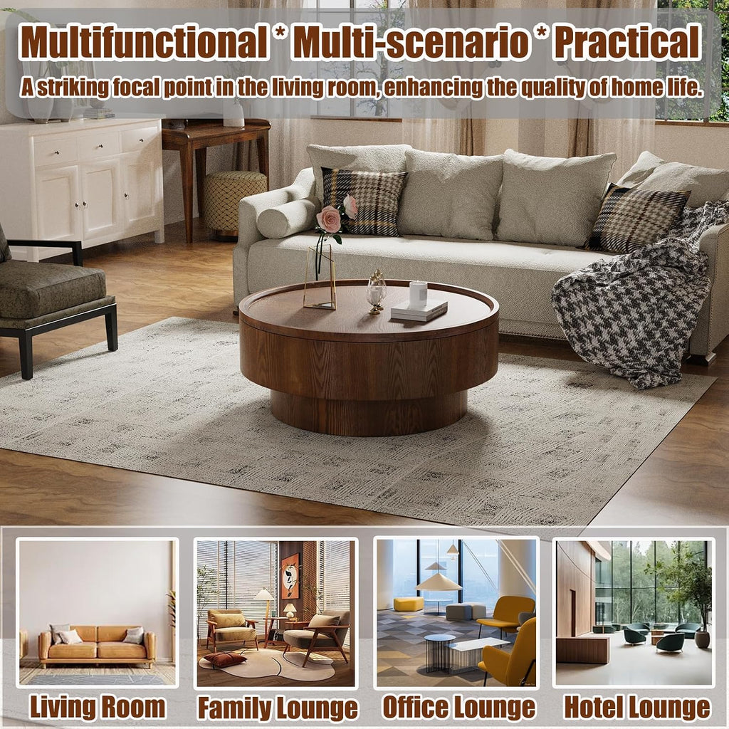 30.7'' Round Storage Coffee Table, Modern Drum Coffee Tables with Solid Wood Veneer, Wooden Circle Center Table for Living Room, Small Spaces, and Apartments, Easy Assembly