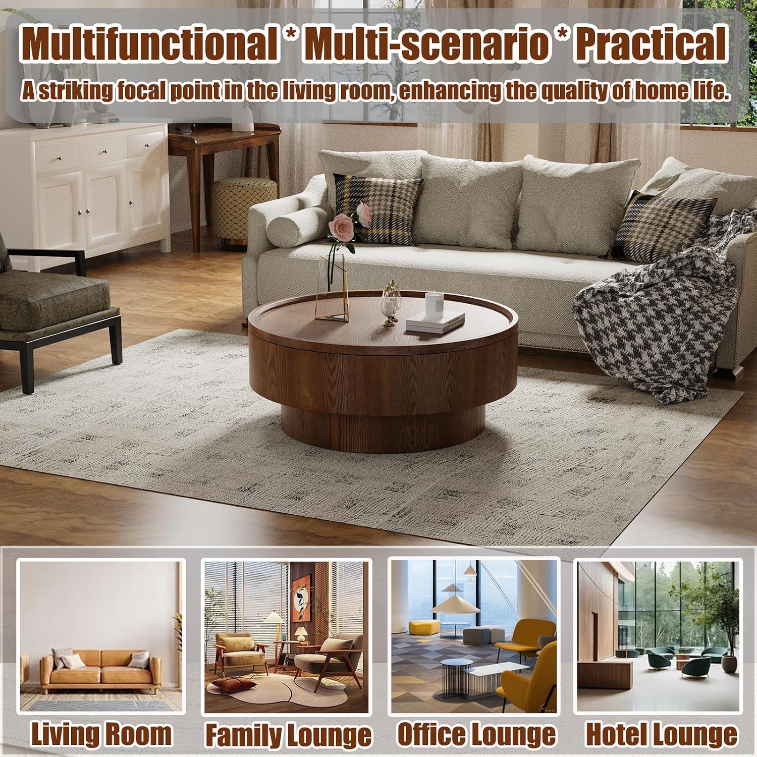 30.7'' Round Storage Coffee Table, Modern Drum Coffee Tables with Solid Wood Veneer, Wooden Circle Center Table for Living Room, Small Spaces, and Apartments, Easy Assembly