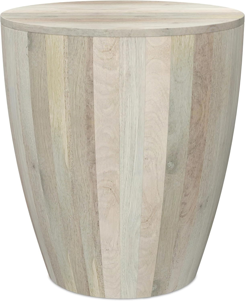SIMPLIHOME Elmbrook End Table - 21 inch Wide Solid Mango Wood Round Drum Table with Vertical Panel Detailing in White Wash, Modern Nightstand or Plant Stand for Living Room or Bedroom, Assembled