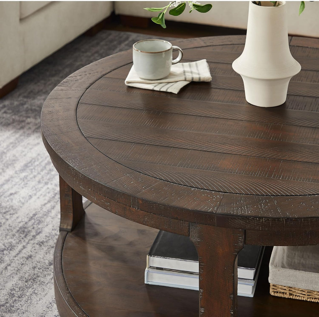 40'' Round Wood Coffee Table Circle Coffee Table with 4 Wheel for Living Room, Modern Retro Farmhouse Style, Easy Assembly, Dark Brown(ø40'' x 17.52'')