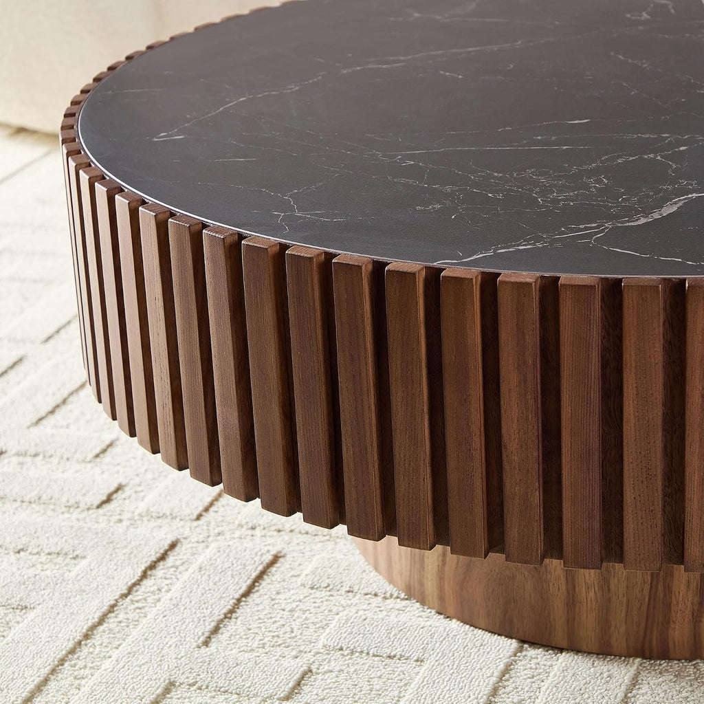 WILLIAMSPACE 35.43' Round Coffee Table with Sintered Stone Tabletop, Modern Farmhouse Wood Circle Drum Center Table for Living Room, Accent Side End Table for Apartment, 13.77' H (Walnut+Black)