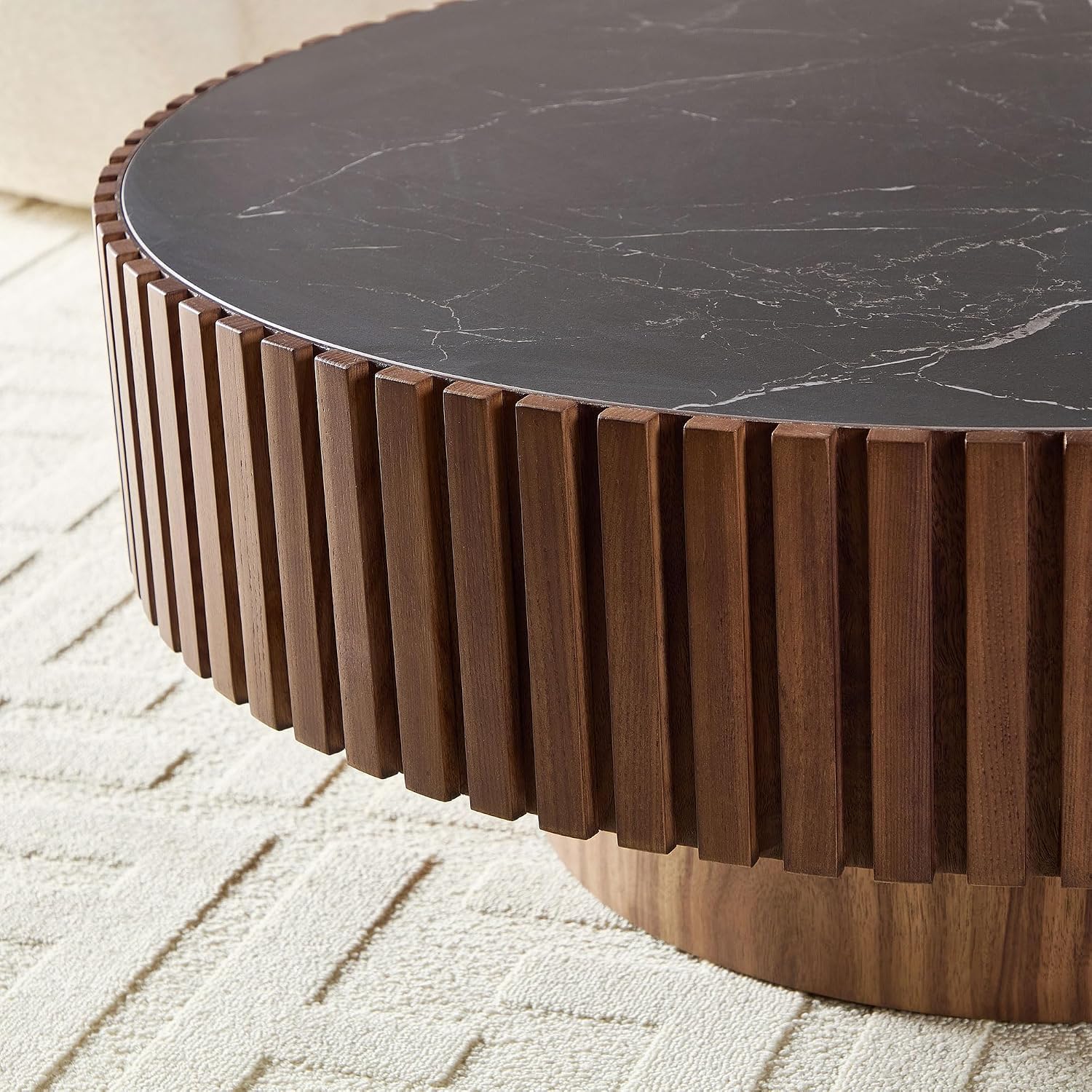 WILLIAMSPACE 35.43' Round Coffee Table with Sintered Stone Tabletop, Modern Farmhouse Wood Circle Drum Center Table for Living Room, Accent Side End Table for Apartment, 13.77' H (Walnut+Black)