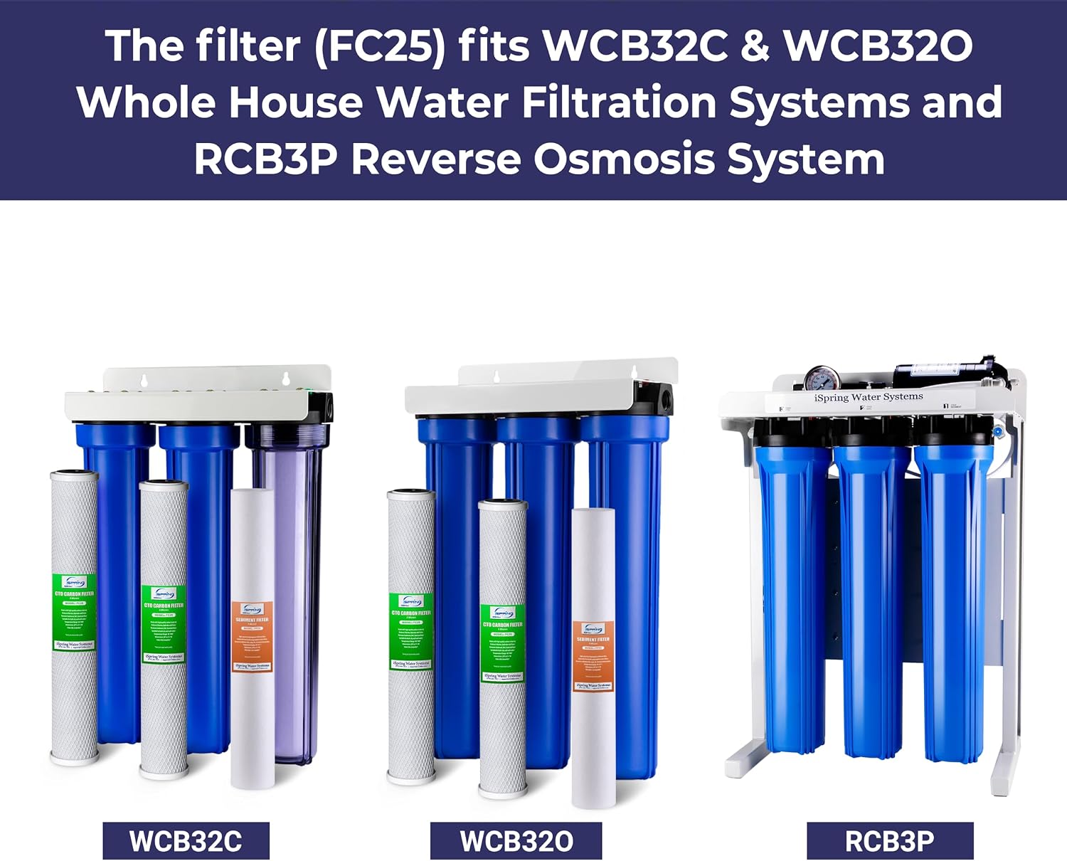 iSpring FC25X4 High Capacity 20' x 2.5' Water Filter Replacement Cartridges - CTO Carbon Block - Fits WCB32C, WCB32O & RCB3P - Pack of 4