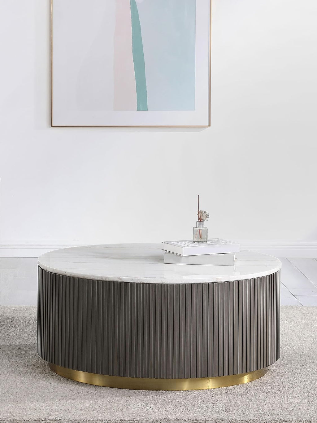 Coaster Home Furnishings - Jason - Wood and Metal - Coffee Table with Reeded Drum Base, Gold Ring Accent, and Round Shape - Living Room - 35-Inch - Charcoal and White Marble - 710418