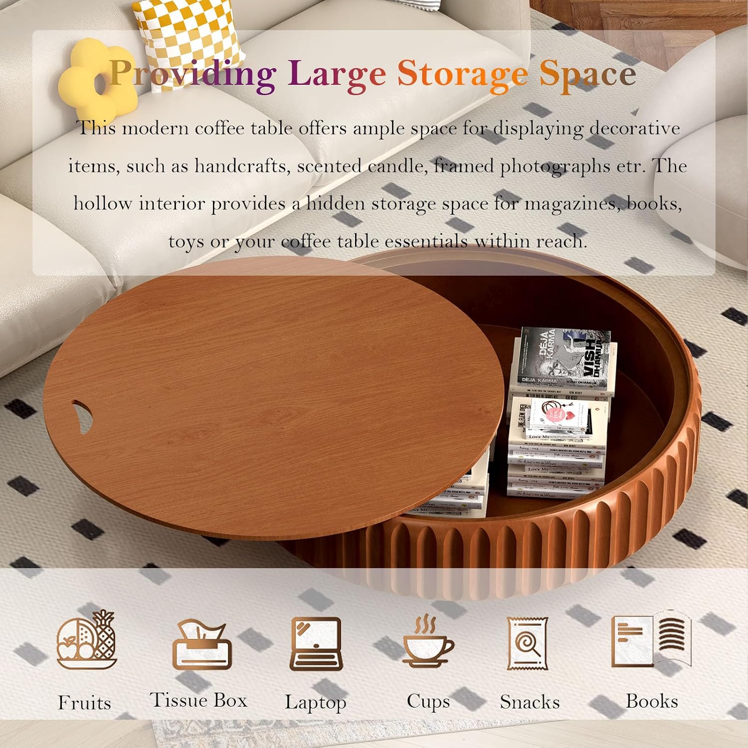 39.37' Drum Storage Coffee Table - Handcraft Solid Wood Edge Stripe Modern Chic Fluted Tea Table with with Storage for Small Space Apartment (D 39.37in)