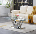 Modern Silver Glass Coffee Table, 47' Rectangle Coffee Table with Tempered Glass Top&Stainless Steel Flower-Shape Base, Luxury Glass Living Room Center Table Accent Cocktail Table for Home Office