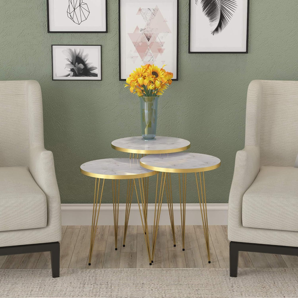 Set of 3 High Gloss White Marble Gold Legs Nesting End Tables Round Wood Stacking Coffee Side Accent Table with Metal Legs for Living Room, Home Office, Nightstands for Bedroom