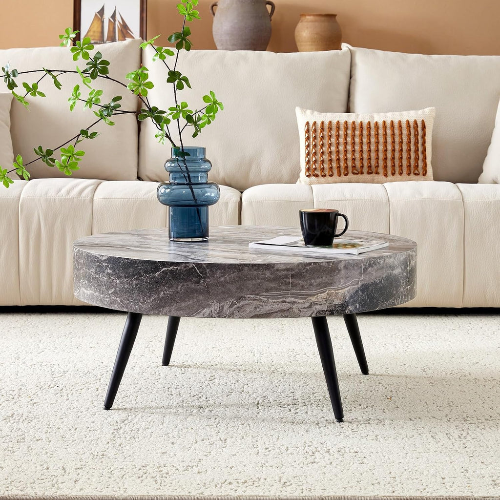Round Coffee Table, Small Wood Marble Coffee Table with Storage, Modern Mid Century Circle Tables Accent Center Tables for Living Room Apartment Small Space (31.5''D-Marble Grey)