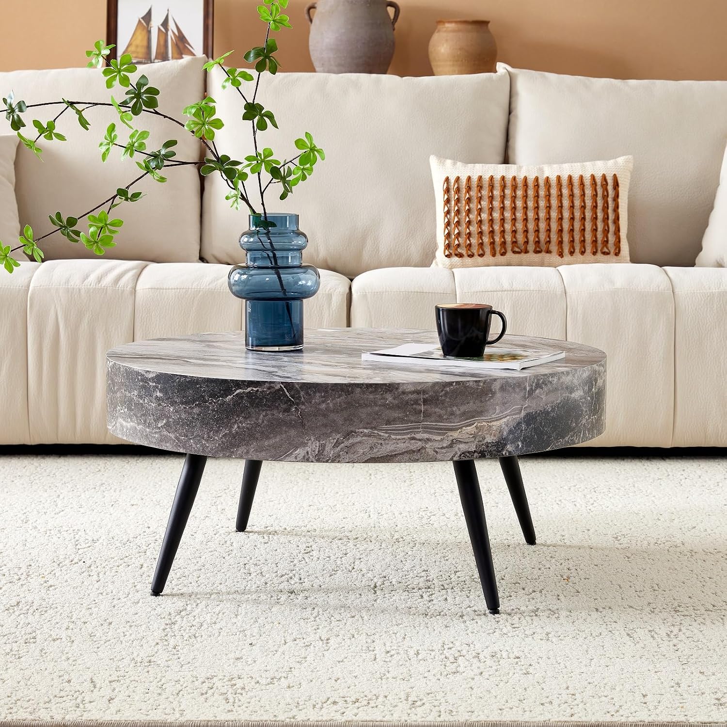 Round Coffee Table, Small Wood Marble Coffee Table with Storage, Modern Mid Century Circle Tables Accent Center Tables for Living Room Apartment Small Space (31.5''D-Marble Grey)