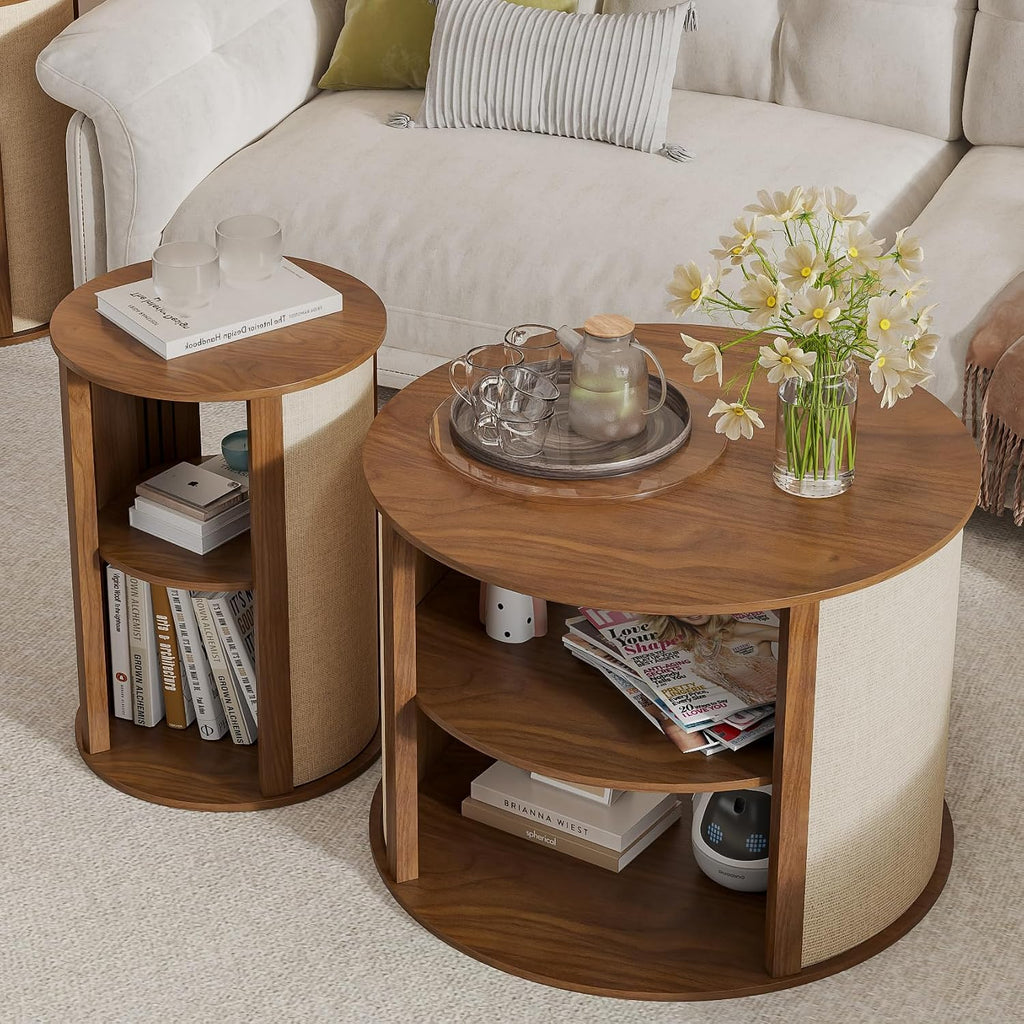 Walnut Round Coffee Table Set of 3, 2-Tier Boho Mid Century Modern Wooden Circle Center Coffee Table and End Table Sets with Adjustable Shelf, Sackcloth Finish, Farmhouse, for Living Room
