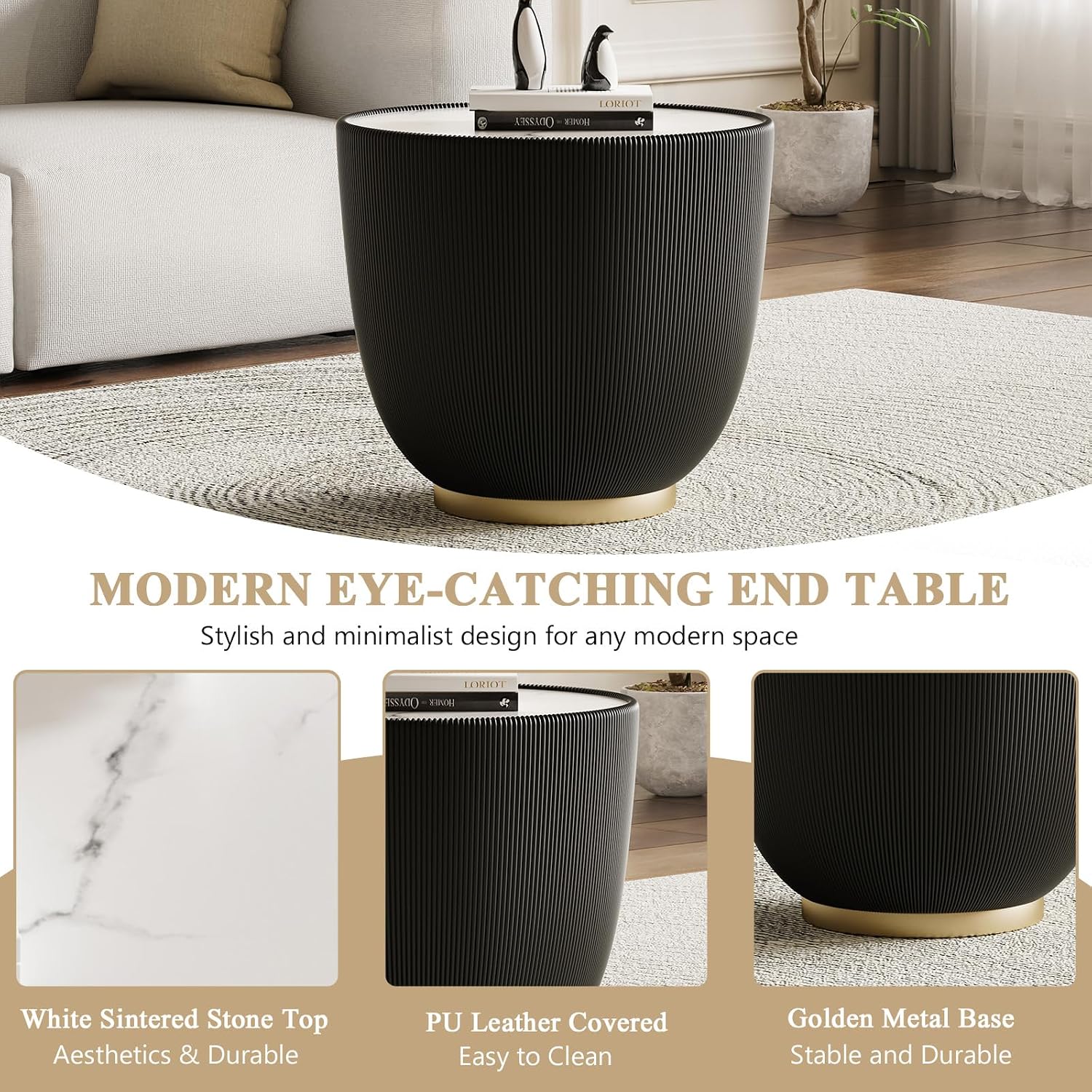 Black Round Side Table, 19.7' Faux Marble Fluted End Table for Small Spaces,White Sintered Stone Top & Leather Covered & Gold Metal Base, Small Bedside Coffee Tables Nightstand for Living Room Couch